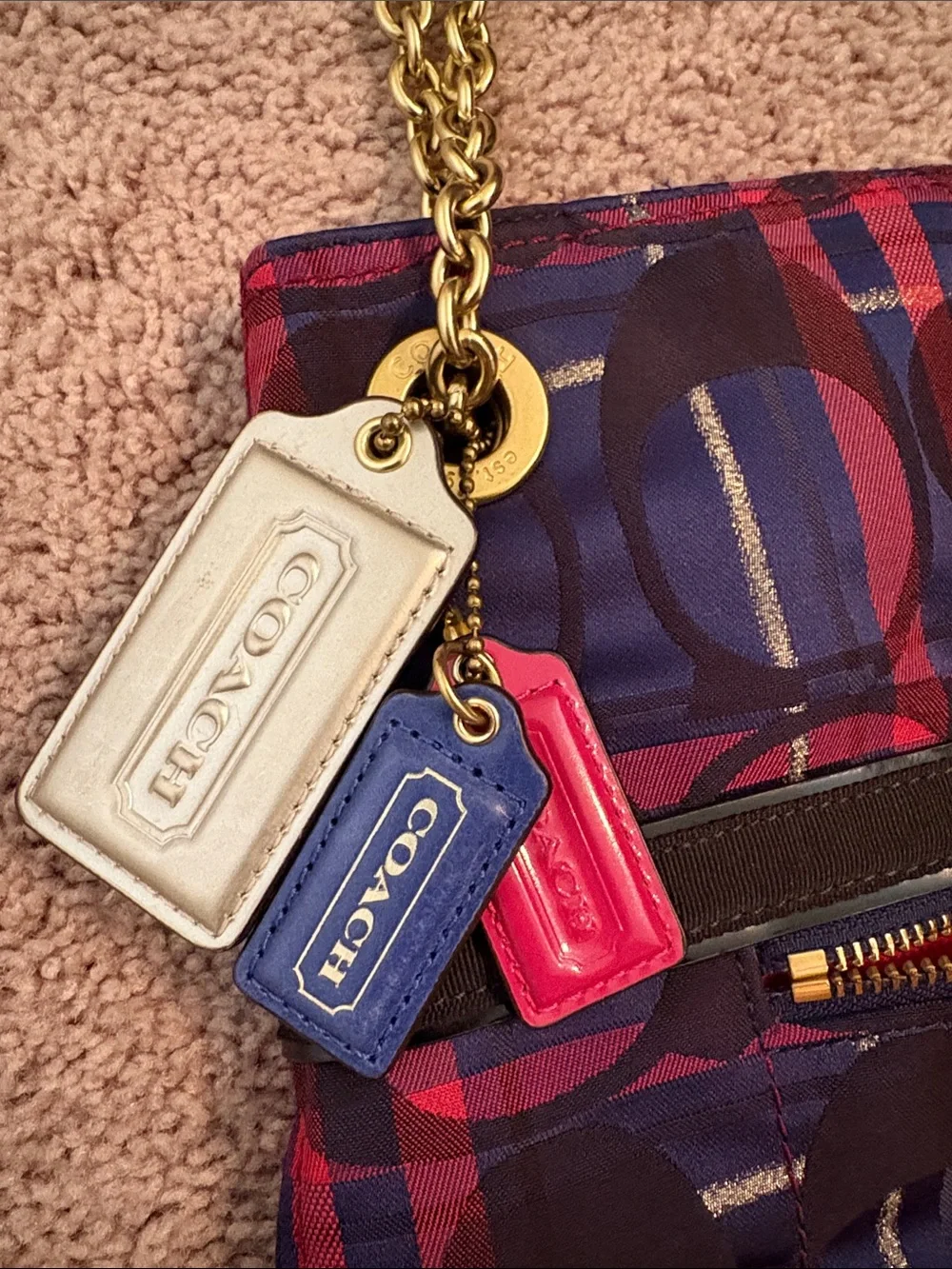 Coach Poppy Tartan Navy and Pink Plaid Signature Chain Slim Tote